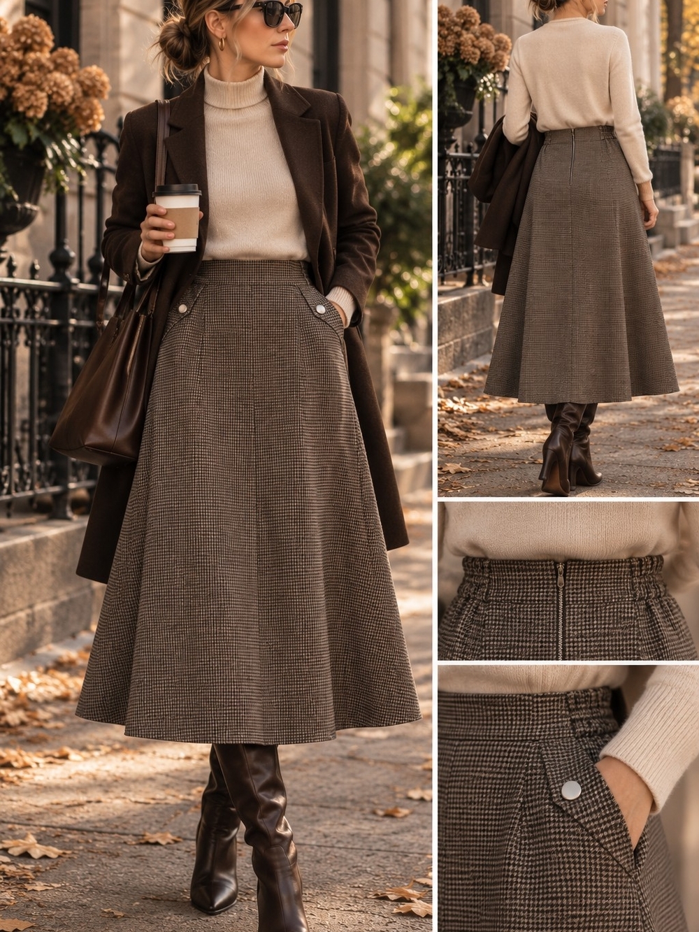 Wool Blend Houndstooth Midi Skirt XL Dark Academia Fall